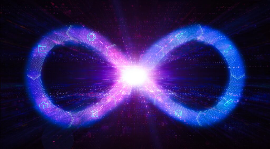 Representação visual do conceito de DataOps com símbolo de infinito digital em tons de azul e roxo, simbolizando o ciclo contínuo de integração, entrega e automação de dados. Ícones tecnológicos representam etapas como ingestão, processamento, análise e governança de dados.