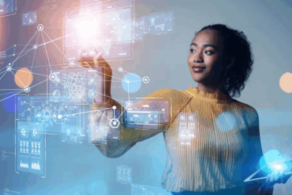 Profissional interagindo com sistemas digitais que representam a infraestrutura de TI e a gestão tecnológica de empresas