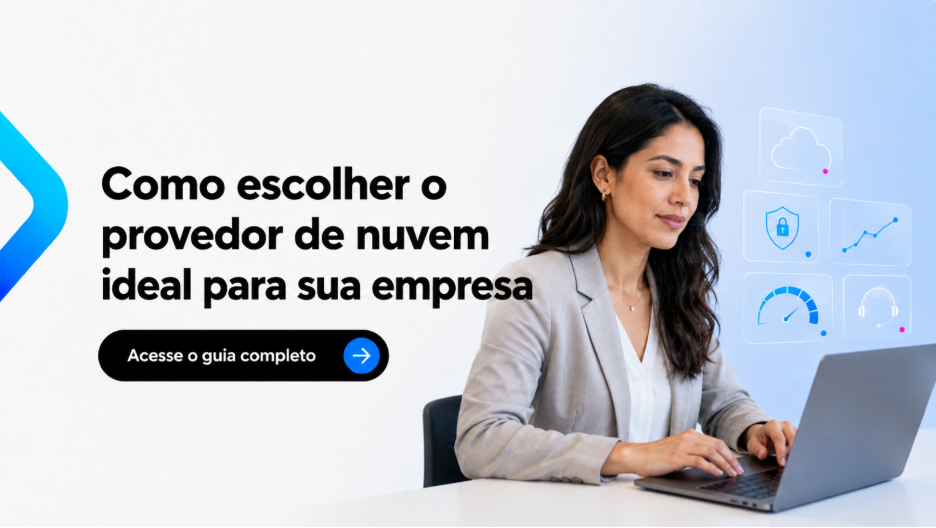 Profissional usando notebook em ambiente corporativo, ao lado de elementos gráficos que representam serviços de nuvem, segurança, desempenho e escalabilidade.