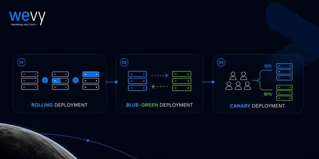Estratégias de Deploy representadas em um fluxo com Rolling Deployment, Blue-Green Deployment e Canary Deployment.