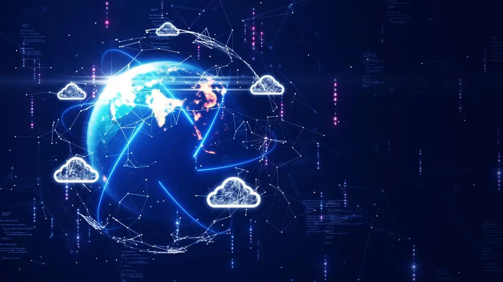 Globo digital conectado a ícones de nuvem pública representando infraestrutura em nuvem distribuída globalmente