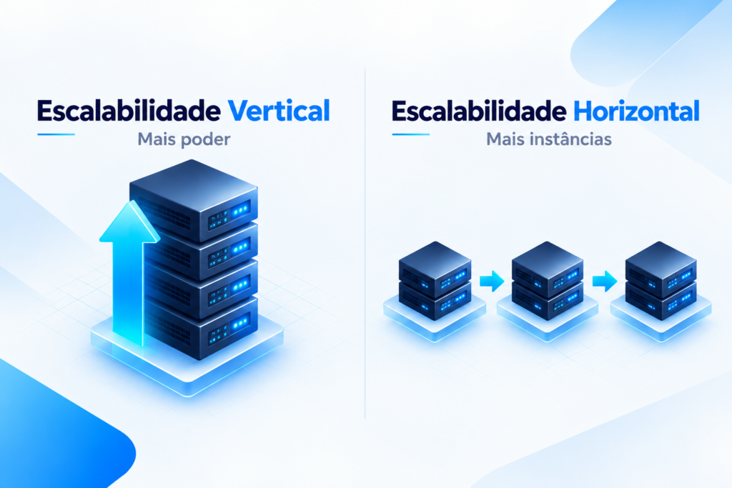 Infográfico de infraestrutura em nuvem comparando escalabilidade vertical, com mais recursos em uma máquina, e horizontal, com mais instâncias.