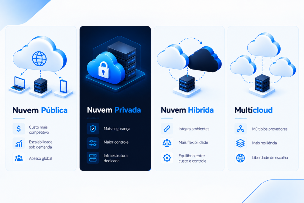 Infográfico de infraestrutura em nuvem comparando os modelos de nuvem pública, privada, híbrida e multicloud.