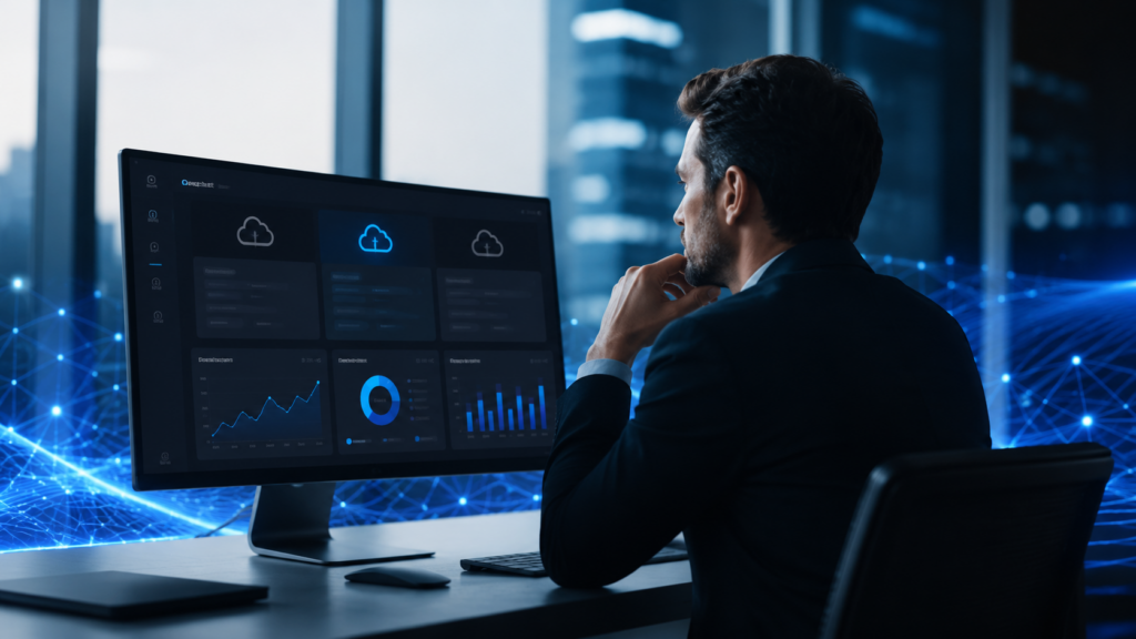 Executivo de TI analisando um dashboard de infraestrutura em nuvem com opções de provedor de nuvem em ambiente corporativo moderno, representando a tomada de decisão estratégica para ambientes multicloud e alta disponibilidade.