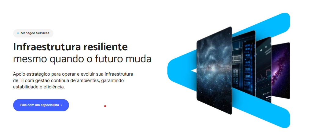 Ilustração de infraestrutura resiliente para ambientes de TI, representada por camadas tecnológicas sobrepostas, simbolizando estabilidade, continuidade operacional e serviços gerenciados por um provedor de nuvem.