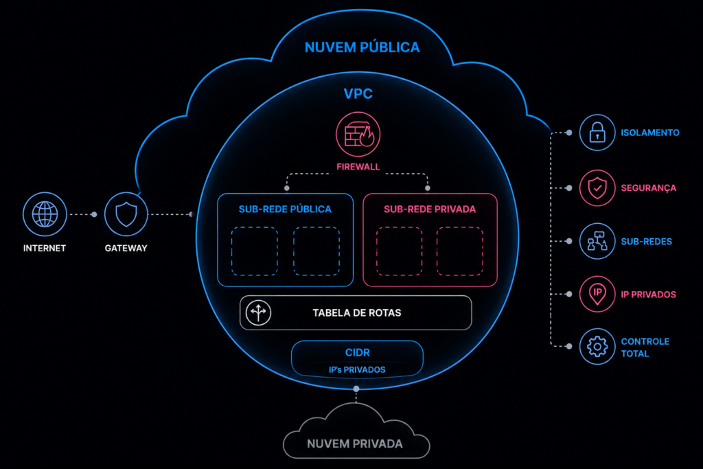 Diagrama de arquitetura de uma VPC (Nuvem Privada Virtual) dentro de uma nuvem pública, mostrando firewall, sub-rede pública, sub-rede privada, tabela de rotas e conexão com nuvem privada