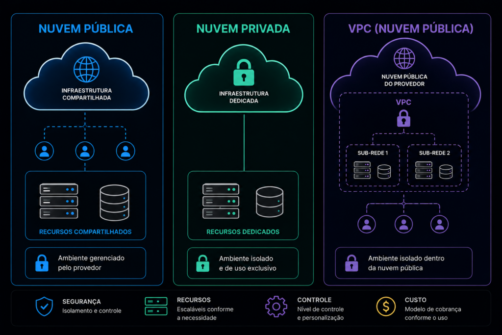 Comparação visual entre nuvem pública, nuvem privada e VPC, mostrando infraestrutura compartilhada, dedicada e isolada com sub-redes