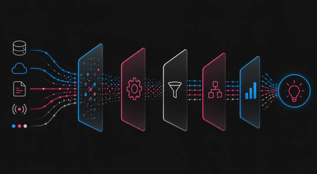 Ilustração futurista em fundo preto mostrando um fluxo horizontal de dados. À esquerda, ícones representam diferentes fontes de dados conectadas por linhas luminosas em azul, rosa e cinza. No centro, cinco camadas translúcidas simbolizam as etapas de processamento e transformação dos dados. À direita, o fluxo termina em um gráfico de barras e um ícone de lâmpada, representando insights e inteligência de negócio.