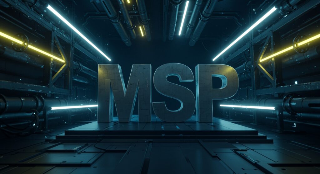 MSP em letras 3D metálicas dentro de um túnel industrial futurista com luzes neon