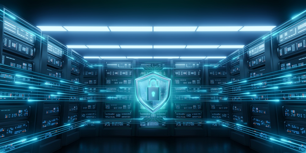 Data center com servidores e escudo de segurança digital representando isolamento e proteção de dados em nuvem privada virtual