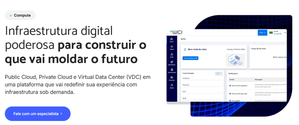 Painel WCI da Wevy Cloud Infrastructure mostrando criação de instâncias, cotas e notificações da plataforma