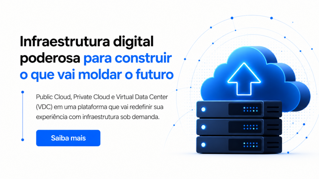 Banner ilustrando serviços de cloud com ícone de nuvem e servidores, representando Public Cloud, Private Cloud e Virtual Data Center da Wevy