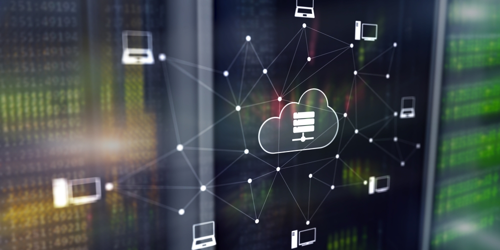 Provedor de nuvem com tecnologia de computação em nuvem conectando dispositivos e sistemas por meio de uma infraestrutura digital