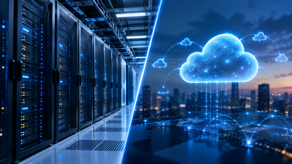 Imagem representando a diferença entre Virtual Data Center e VPC com servidores e rede em nuvem.
