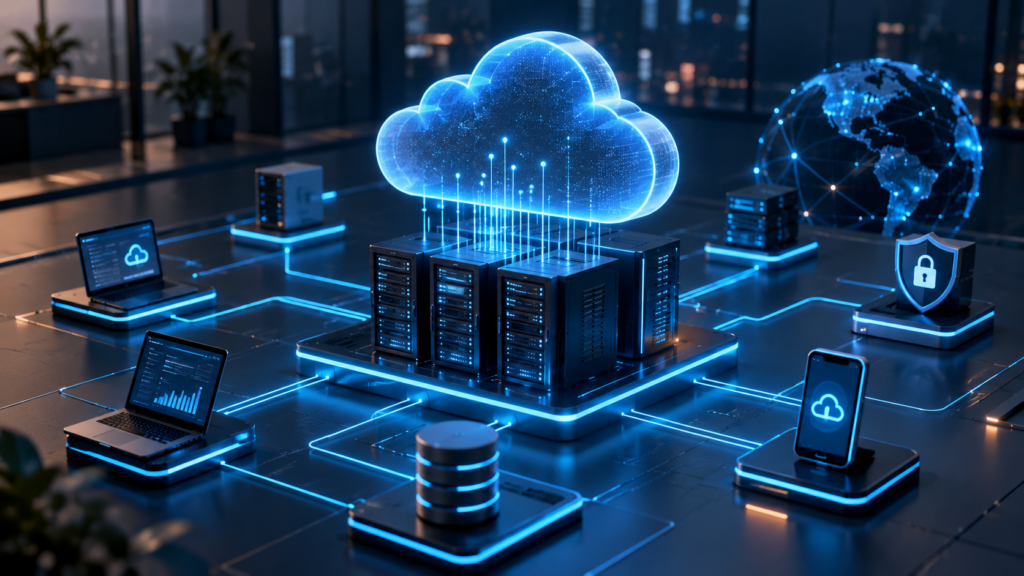 Plataforma cloud corporativa com servidores, aplicações, dados e redes interconectados em uma infraestrutura de nuvem.