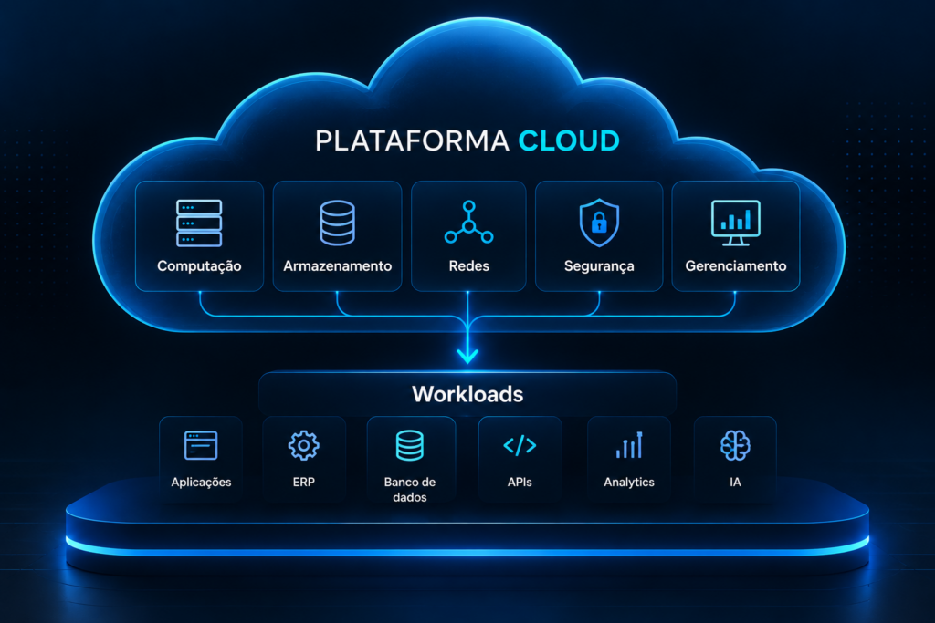 Infográfico sobre plataforma cloud com recursos de computação, armazenamento, redes, segurança e gerenciamento conectados a workloads como aplicações, ERP, banco de dados, APIs, analytics e IA.
