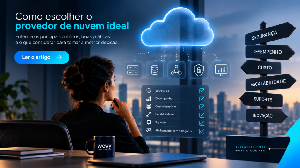 Plataforma cloud com critérios para escolher o provedor de nuvem ideal, incluindo segurança, desempenho, custo-benefício, escalabilidade e suporte.