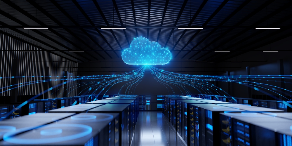 Cloud para empresas representada por uma infraestrutura de servidores conectada a uma nuvem digital.
