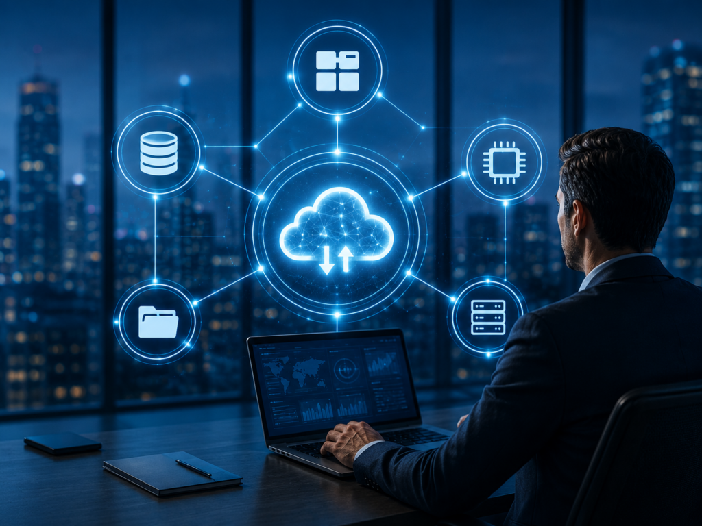 Cloud para empresas conectando aplicações, dados, processamento, armazenamento e infraestrutura em um ambiente integrado.